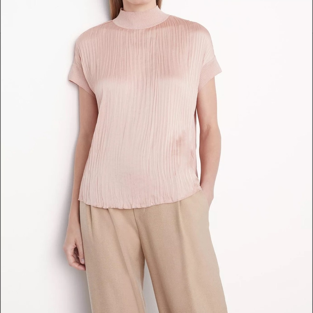 Vince Rib mock neck crushed satin short sleeve blouse, size medium *NWT*